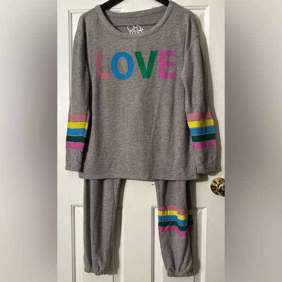 CHASER Revolve Love Knit Sweatshirt Joggers Heather Gray Rainbow Stripe M SOFT - Picture 1 of 16